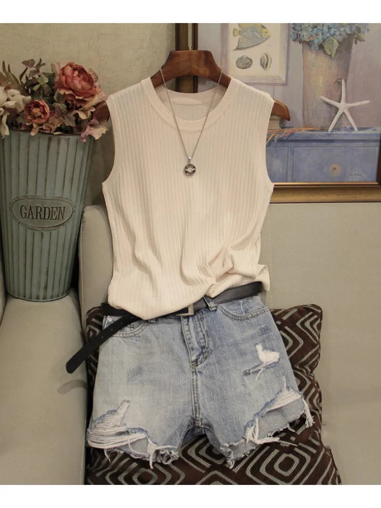 Knitted Vests Women Top O-neck Solid Tank Fashion Female Sleeveless Casual Thin Tops 2024 Summer Knit Woman Shirt Gilet Femme