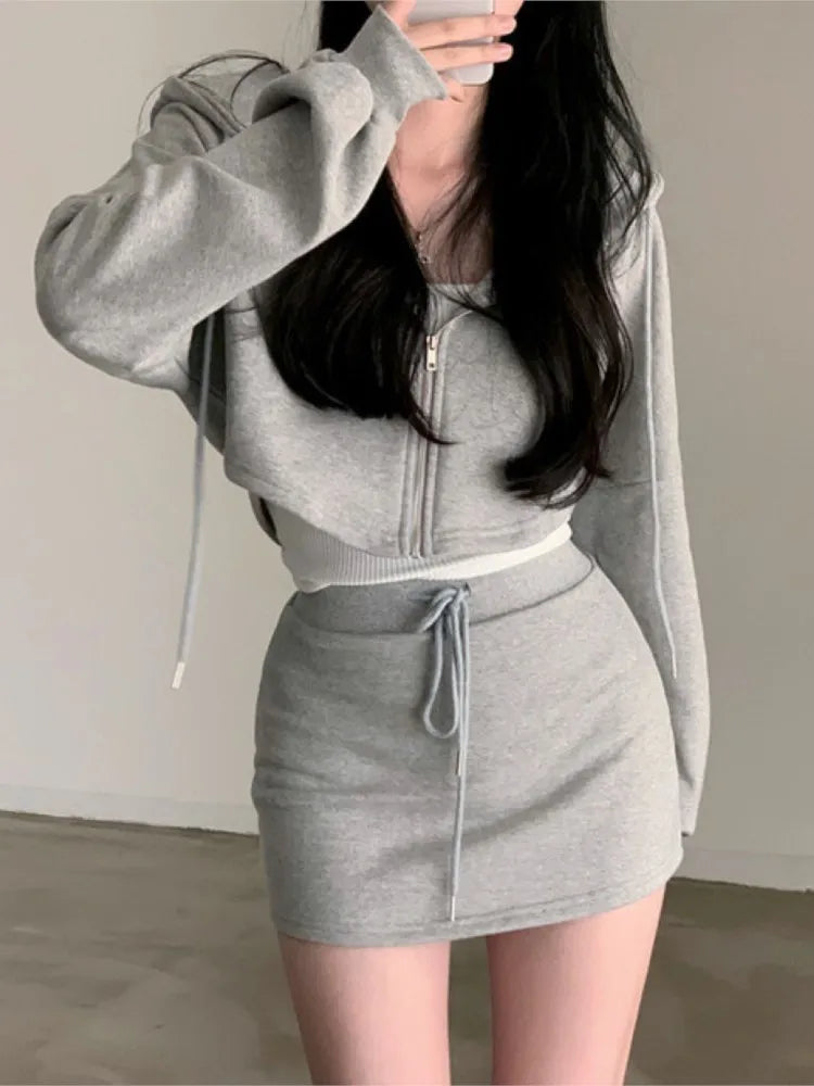 Korean Chic 2 Piece Set Women Hooded Zip-up Long Sleeve Cropped Coat + Drawstring Mini Skirt Autumn Spring Fashion Solid Outfits