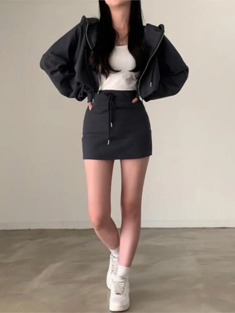 Korean Chic 2 Piece Set Women Hooded Zip-up Long Sleeve Cropped Coat + Drawstring Mini Skirt Autumn Spring Fashion Solid Outfits