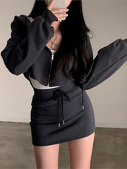 Korean Chic 2 Piece Set Women Hooded Zip-up Long Sleeve Cropped Coat + Drawstring Mini Skirt Autumn Spring Fashion Solid Outfits