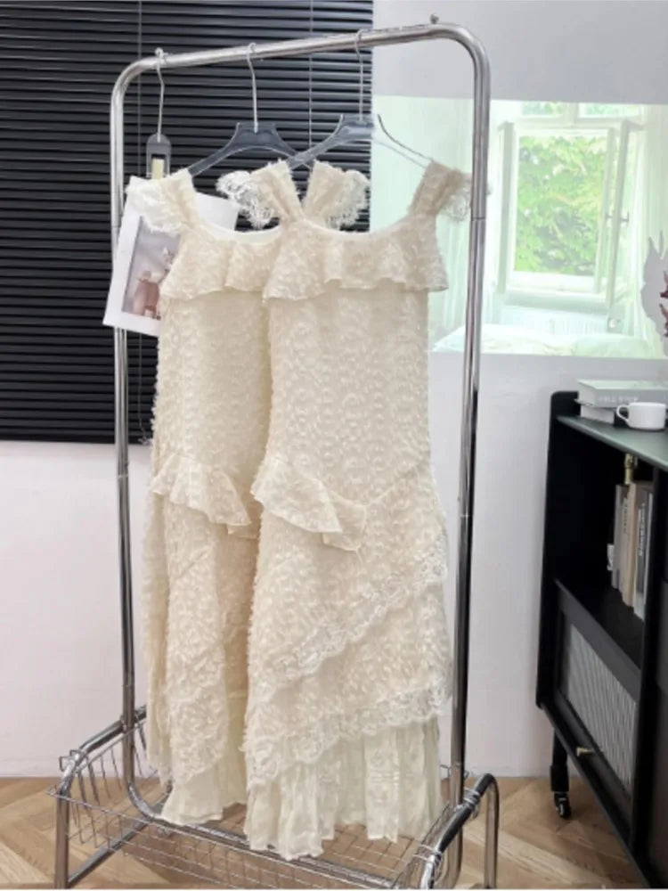 Korean Elegant Lace Midi Dress Women Casual 2024 Spring Summer New A-line Ruffles Holiday Beach Dress Y2k Prom Robe Vestidos