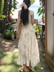 Korean Elegant Lace Midi Dress Women Casual 2024 Spring Summer New A-line Ruffles Holiday Beach Dress Y2k Prom Robe Vestidos