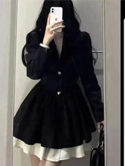 Korean Fashion Black Suit Dress Women Long Sleeve Lapel Autumn Spring Y2K Kawaii Birthday Party A-line Princess Vestidos Mujer