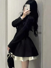 Korean Fashion Black Suit Dress Women Long Sleeve Lapel Autumn Spring Y2K Kawaii Birthday Party A-line Princess Vestidos Mujer