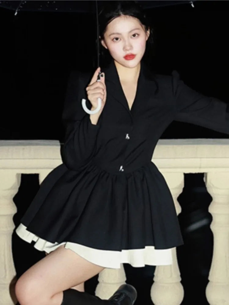 Korean Fashion Black Suit Dress Women Long Sleeve Lapel Autumn Spring Y2K Kawaii Birthday Party A-line Princess Vestidos Mujer