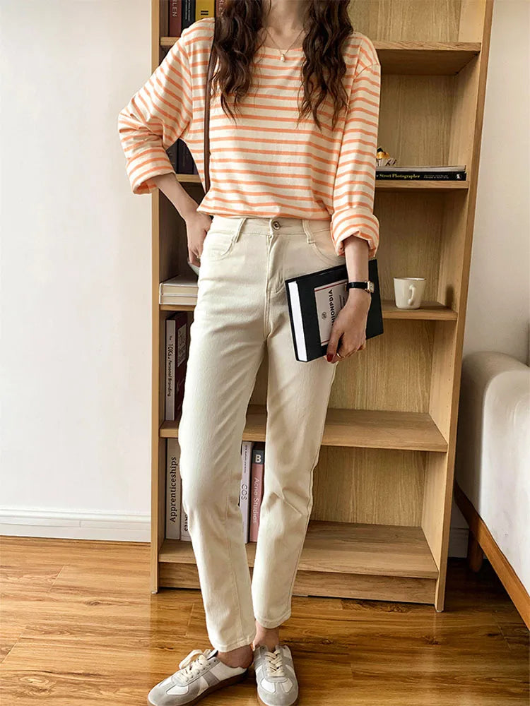 Korean Fashion Striped T-shirt Autumn Long Sleeve Women’s Top Loose Casual Cotton T-shirt Female Blue Orange S-XL