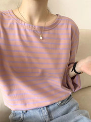 Korean Fashion Striped T-shirt Autumn Long Sleeve Women’s Top Loose Casual Cotton T-shirt Female Blue Orange S-XL