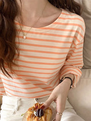 Korean Fashion Striped T-shirt Autumn Long Sleeve Women’s Top Loose Casual Cotton T-shirt Female Blue Orange S-XL