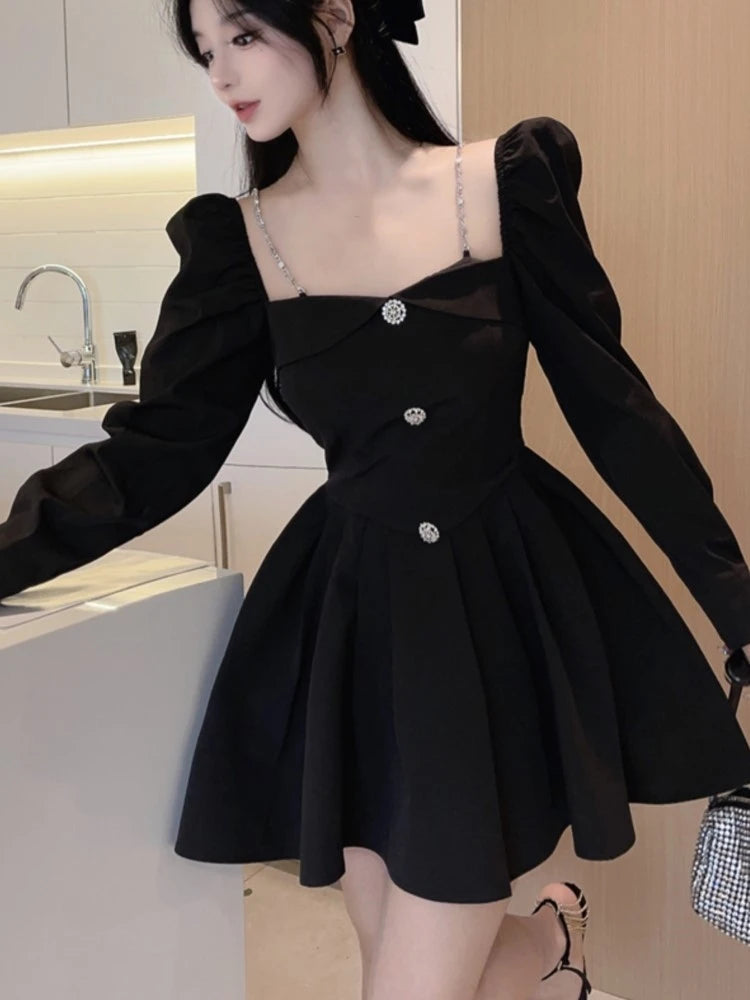 Korean Style Solid Mini Dress Women Long Sleeve Square Collar Spring Fashion High Waist Female Birthday Party Vestidos Mujer