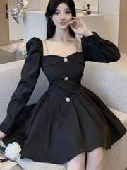 Korean Style Solid Mini Dress Women Long Sleeve Square Collar Spring Fashion High Waist Female Birthday Party Vestidos Mujer