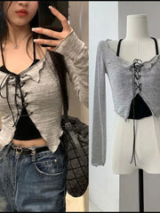 Korean Suspender Cardigan Set Women’s Early Autumn Sexy V-neck Slim Crop Long Sleeve Cross Bandage Knit Top Y2K Two Piece Suit