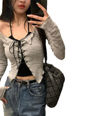 Korean Suspender Cardigan Set Women’s Early Autumn Sexy V-neck Slim Crop Long Sleeve Cross Bandage Knit Top Y2K Two Piece Suit