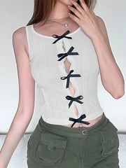 Korean Sweet White Skinny Women Tops Vest Sleeveless Lace Spliced Split Y2K Cute Bow Summer Crop Top Coquette Clothes