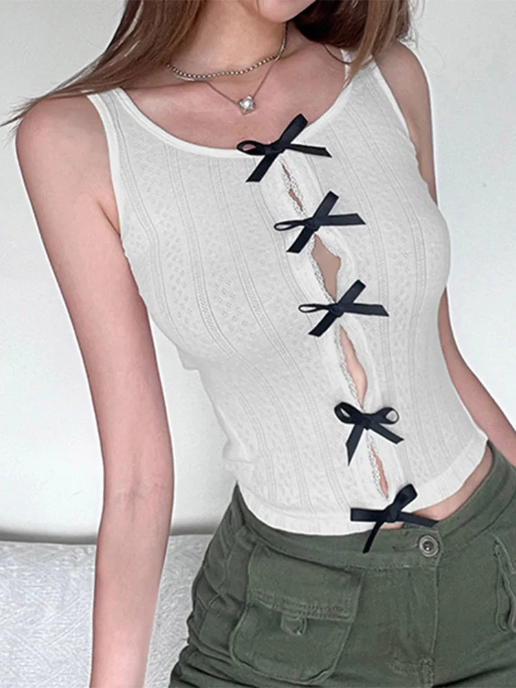 Korean Sweet White Skinny Women Tops Vest Sleeveless Lace Spliced Split Y2K Cute Bow Summer Crop Top Coquette Clothes