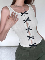 Korean Sweet White Skinny Women Tops Vest Sleeveless Lace Spliced Split Y2K Cute Bow Summer Crop Top Coquette Clothes