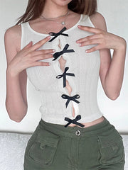 Korean Sweet White Skinny Women Tops Vest Sleeveless Lace Spliced Split Y2K Cute Bow Summer Crop Top Coquette Clothes