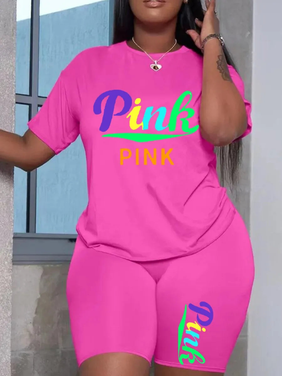 Plus Size Pink Letter Print Shorts Set Summer Round Neck Skinny 2pcs Women Casual Two Pieces Shorts Set Daily Outfit