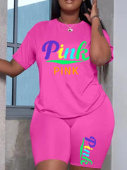 Plus Size Pink Letter Print Shorts Set Summer Round Neck Skinny 2pcs Women Casual Two Pieces Shorts Set Daily Outfit