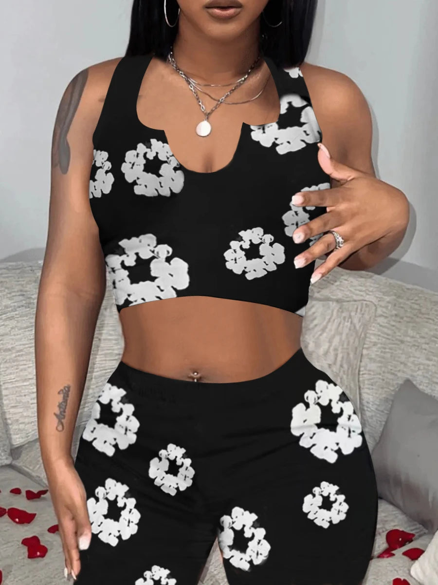 Cami Floral Print Shorts Set Women Y2K Two Pieces Outfits Crop Top High Waist Shorts Casual Clothes Sets