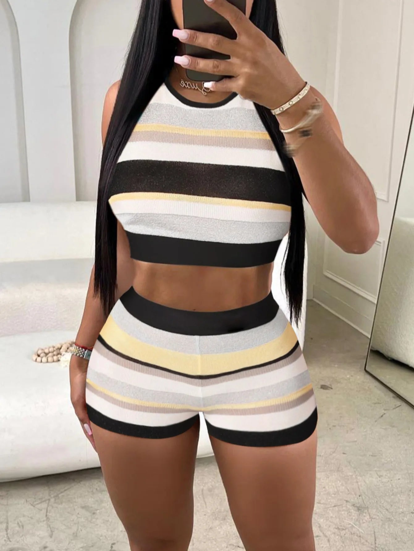 Crop Top Striped Shorts Set Patchwork Crop Tank Tops and Shorts Womens Outfits Summer 2025 Casual Holiday Beachwear