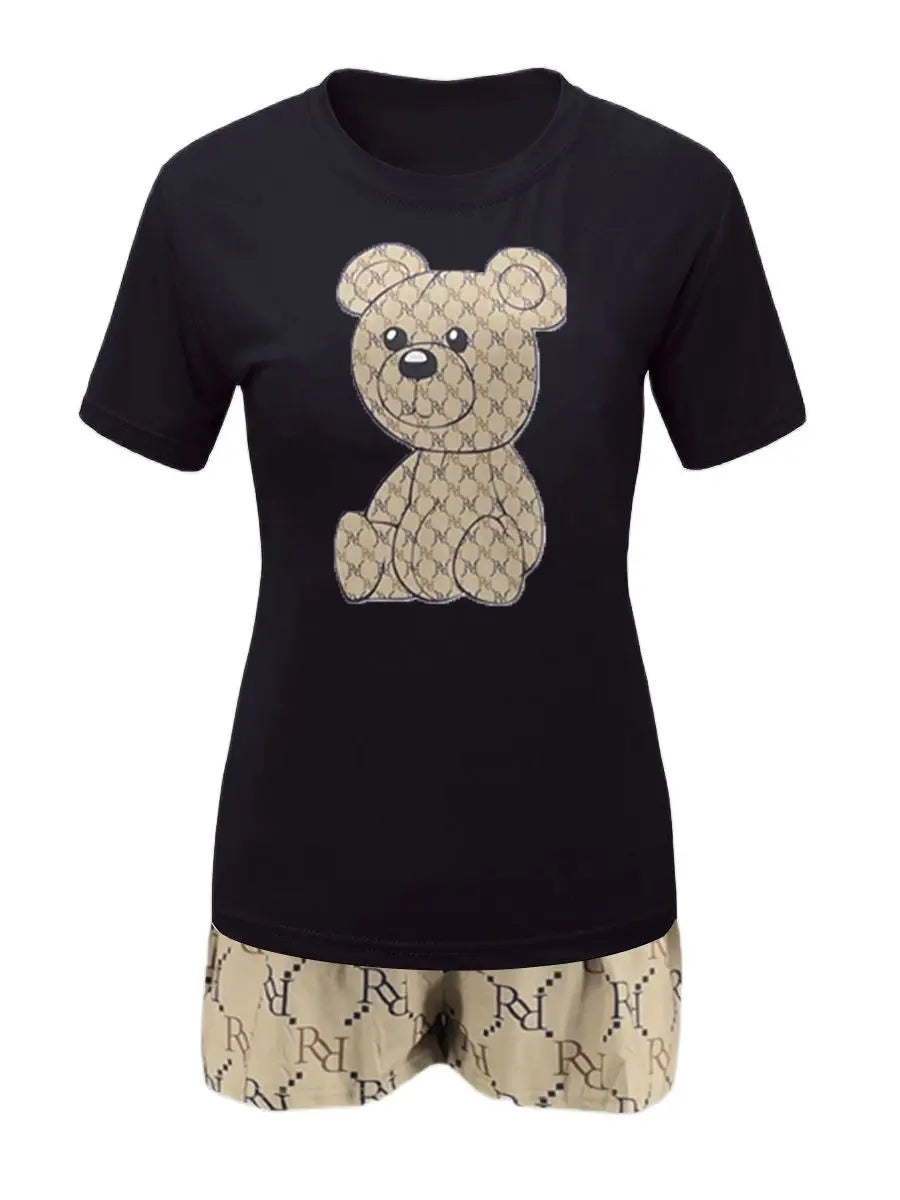 Geometric Bear Print Shorts Set O Neck Short Sleeve T-shirt Mixed Print Hipster Bottoms 2PCs Women/Men