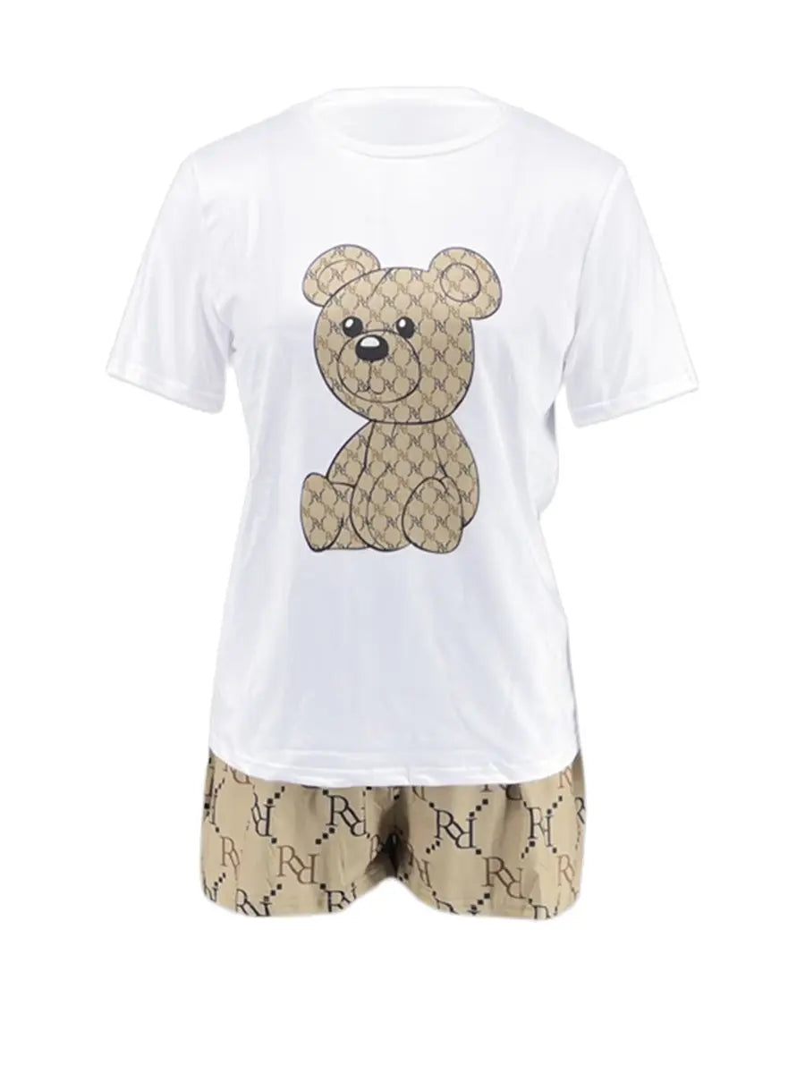 Geometric Bear Print Shorts Set O Neck Short Sleeve T-shirt Mixed Print Hipster Bottoms 2PCs Women/Men