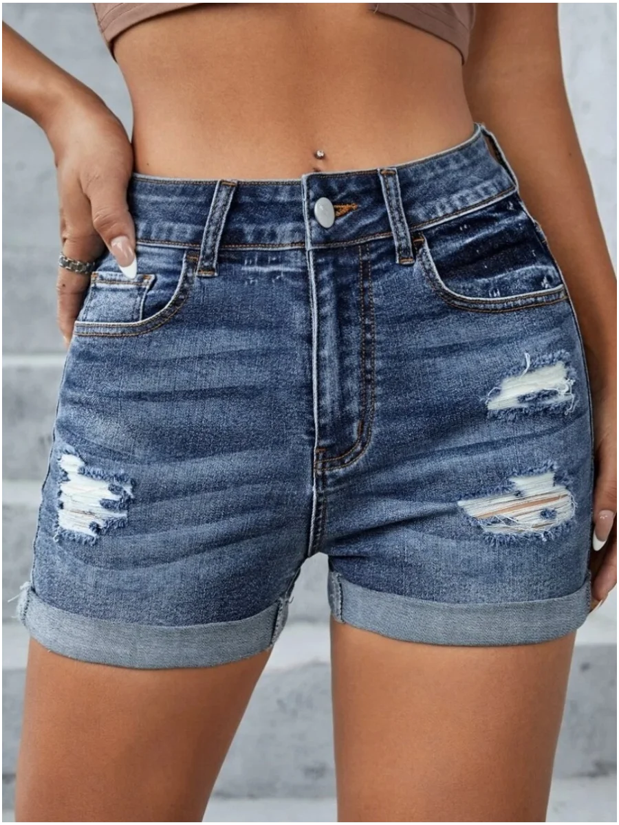 High Waist Ripped Pocket Design Solid Skinny Stretchy Denim Shorts Women Casual Cuffed Hem Hot Jean Pants