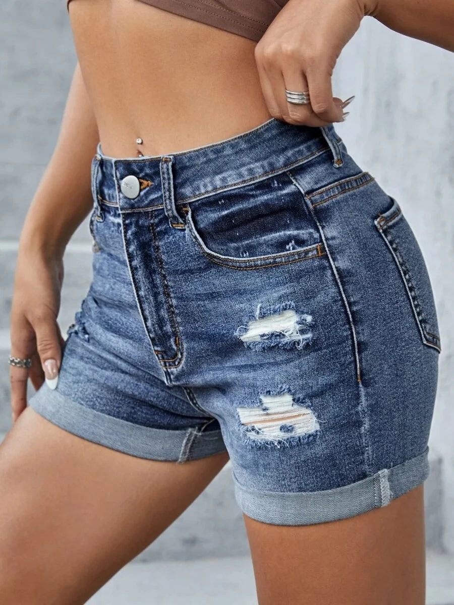 High Waist Ripped Pocket Design Solid Skinny Stretchy Denim Shorts Women Casual Cuffed Hem Hot Jean Pants