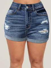 High Waist Ripped Pocket Design Solid Skinny Stretchy Denim Shorts Women Casual Cuffed Hem Hot Jean Pants