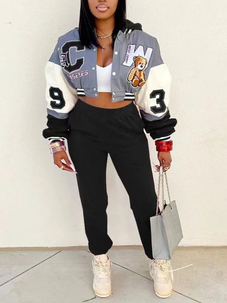 Letter Decor Striped Drawstring Tracksuit Set Women Autumn Winter Baseball Collar Varsity Jacket