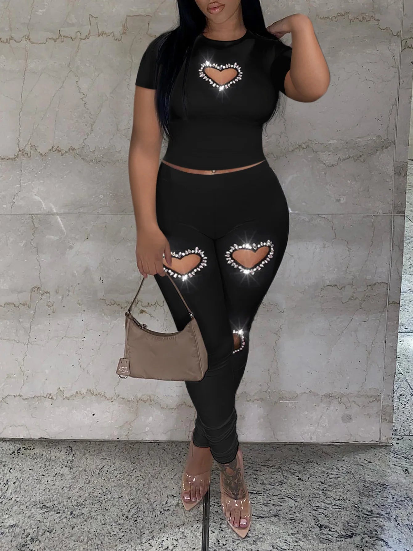 Plus Size Crop Top Rhinestone Heart Decor Pants Set Women Sexy Skinny Two-Pieces Suit Short Sleeve Top Trousers Set