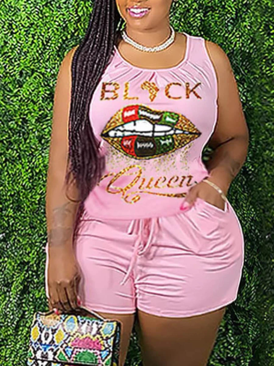 Plus Size Two-piece Shorts Set Casual Letter Lip Print Drawstring Pink Blue Street Tank Sleeveless Stretchy Summer Clothing