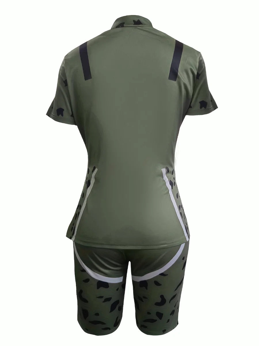 Sporty Leopard Print Patchwork Army Green Two Piece Shorts Set High Street Short Sleeve Top