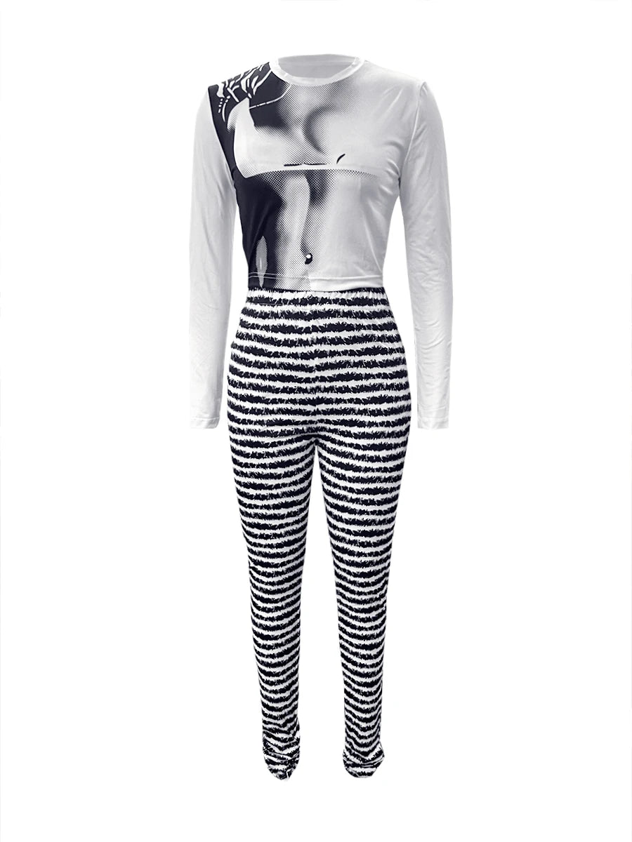 Two Piece Striped Skinny Pants Set Long Sleeve Bodycon T-shirt and Long Pant 2pc Set Women Sexy Club Party Outfits