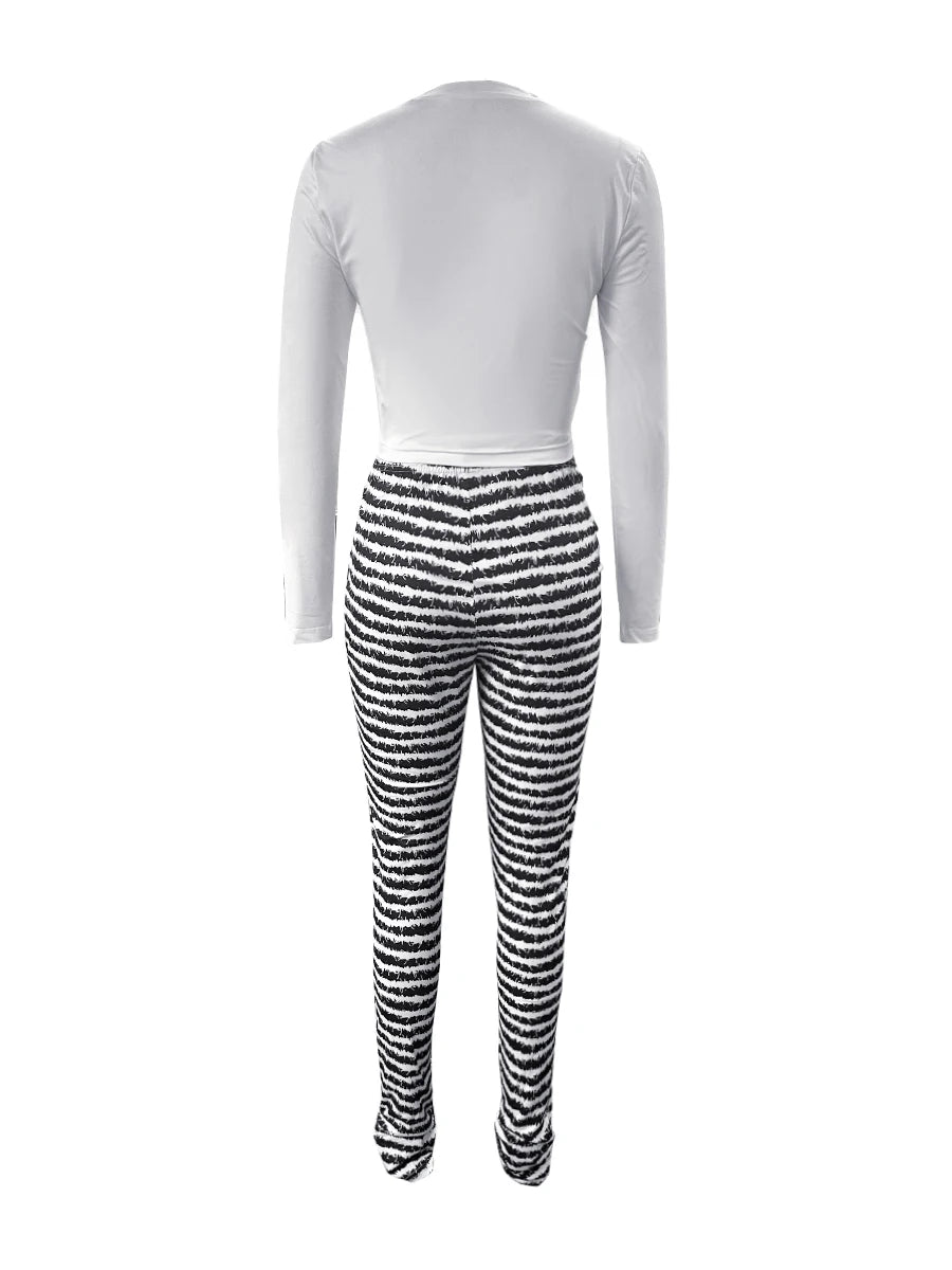 Two Piece Striped Skinny Pants Set Long Sleeve Bodycon T-shirt and Long Pant 2pc Set Women Sexy Club Party Outfits