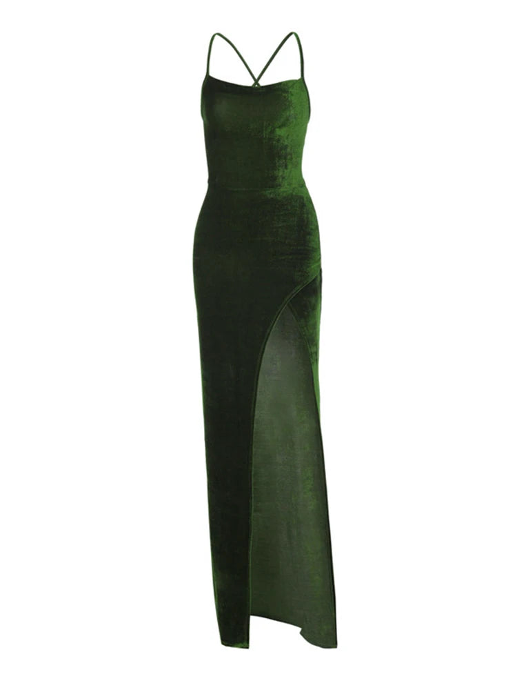 Lace Up Green Velvet Strap Maxi Dress For Women Side Slit Backless Bodycon Sexy Prom Dress Outfit Elegant Birthday Party