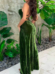 Lace Up Green Velvet Strap Maxi Dress For Women Side Slit Backless Bodycon Sexy Prom Dress Outfit Elegant Birthday Party