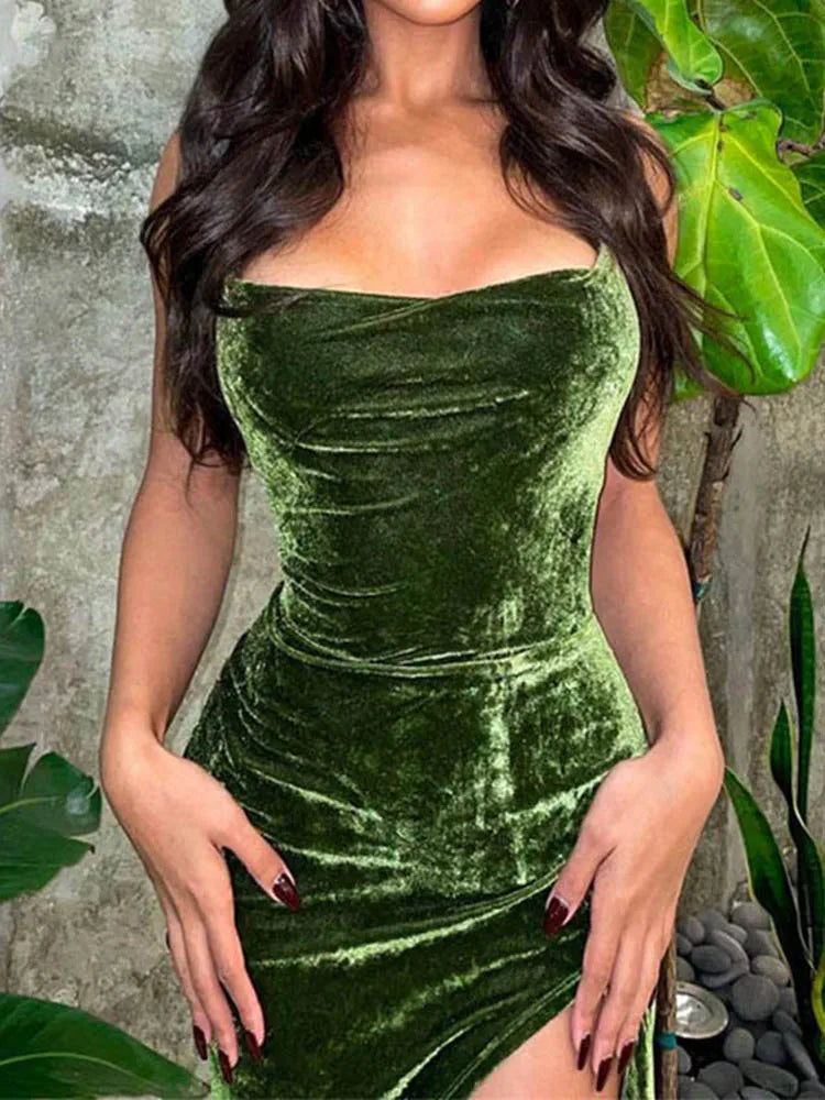 Lace Up Green Velvet Strap Maxi Dress For Women Side Slit Backless Bodycon Sexy Prom Dress Outfit Elegant Birthday Party