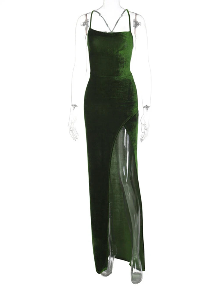 Lace Up Green Velvet Strap Maxi Dress For Women Side Slit Backless Bodycon Sexy Prom Dress Outfit Elegant Birthday Party