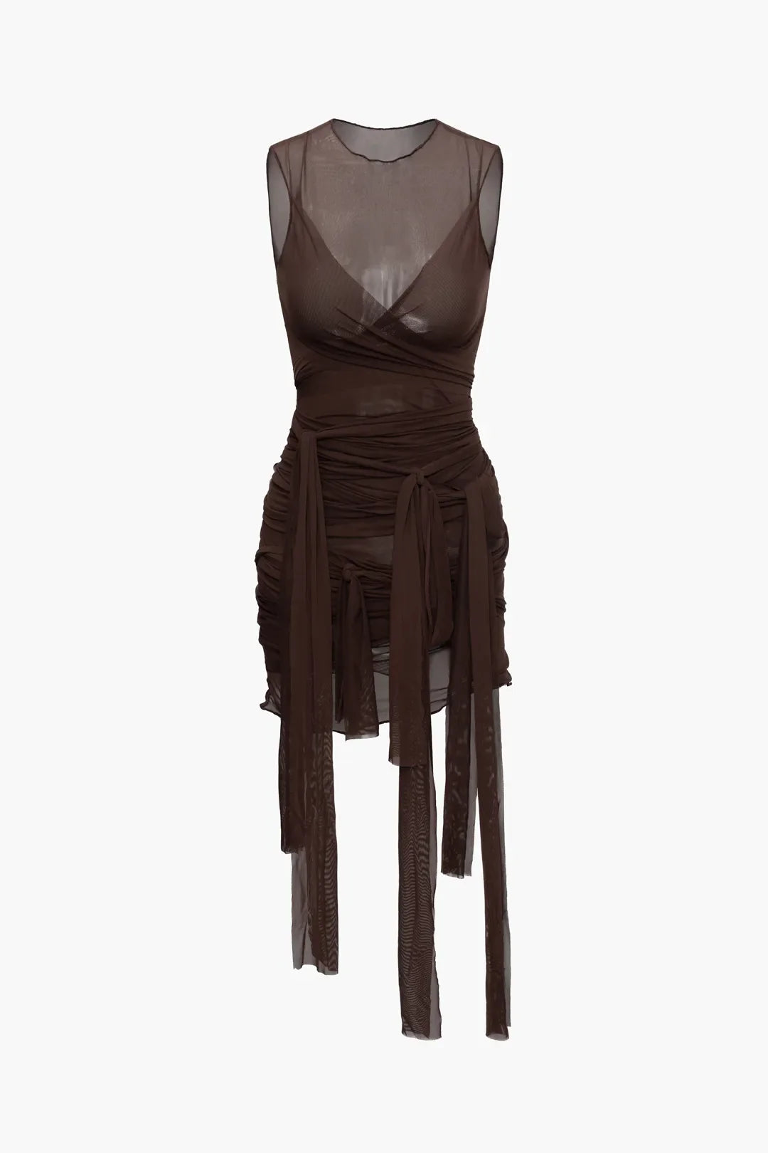 Lacey Brown Wrap Tie Ribbon Mesh Mini Dress