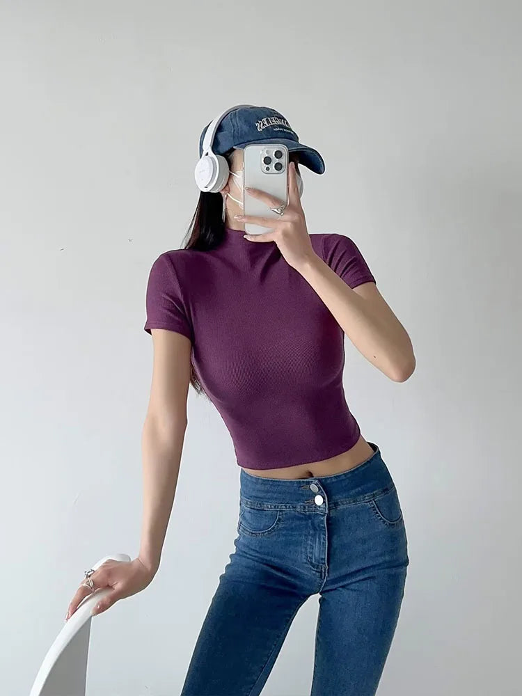 Ladies 2024 Summer Woman Basic Skinny Tight Fit T-shirt Sexy Tee High-strecth Short-Sleeve Knit Crop Tops