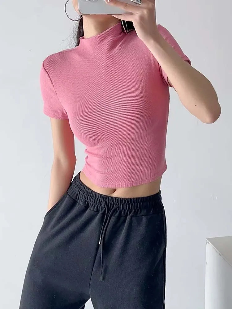 Ladies 2024 Summer Woman Basic Skinny Tight Fit T-shirt Sexy Tee High-strecth Short-Sleeve Knit Crop Tops