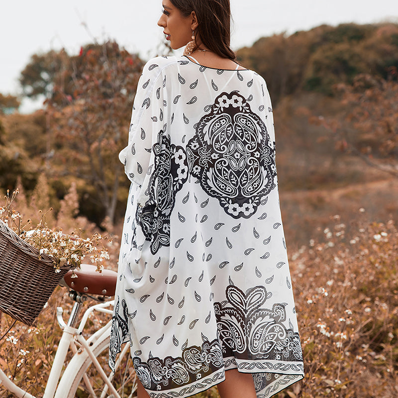 Boho Vintage Printed Short Sleeve Shawl Cape