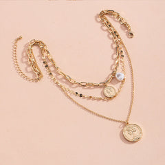 Multilayer Coin Pendant Pearl Necklace