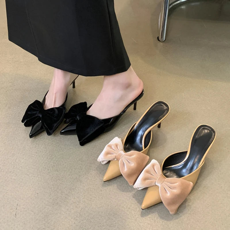 2024 Butterfly Knot Woman Pumps Slippers – Sexy Pointed Toe Thin Heels Wedding Banquet Dress Mules Sandals