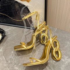 Liyke 2024 Fashion Metal Hollow Out Strange Heels Gladiator Sandals Women Golden Silver Square Toe Wedding Party Prom Shoes