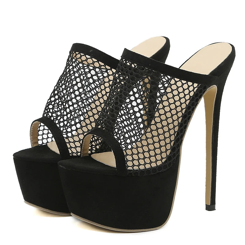 Liyke 2024 Peep Toe Platform Heels Black Mesh Summer Sandals Women’s Party Shoes