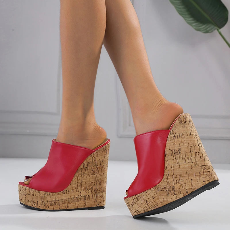 Liyke 2024 Red Leather Peep Toe High Heels Platform Wedges: Sexy 15CM Summer Sandals for Women