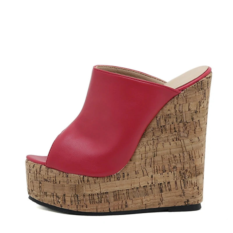 Liyke 2024 Red Leather Peep Toe High Heels Platform Wedges: Sexy 15CM Summer Sandals for Women