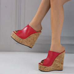 Liyke 2024 Red Leather Peep Toe High Heels Platform Wedges: Sexy 15CM Summer Sandals for Women